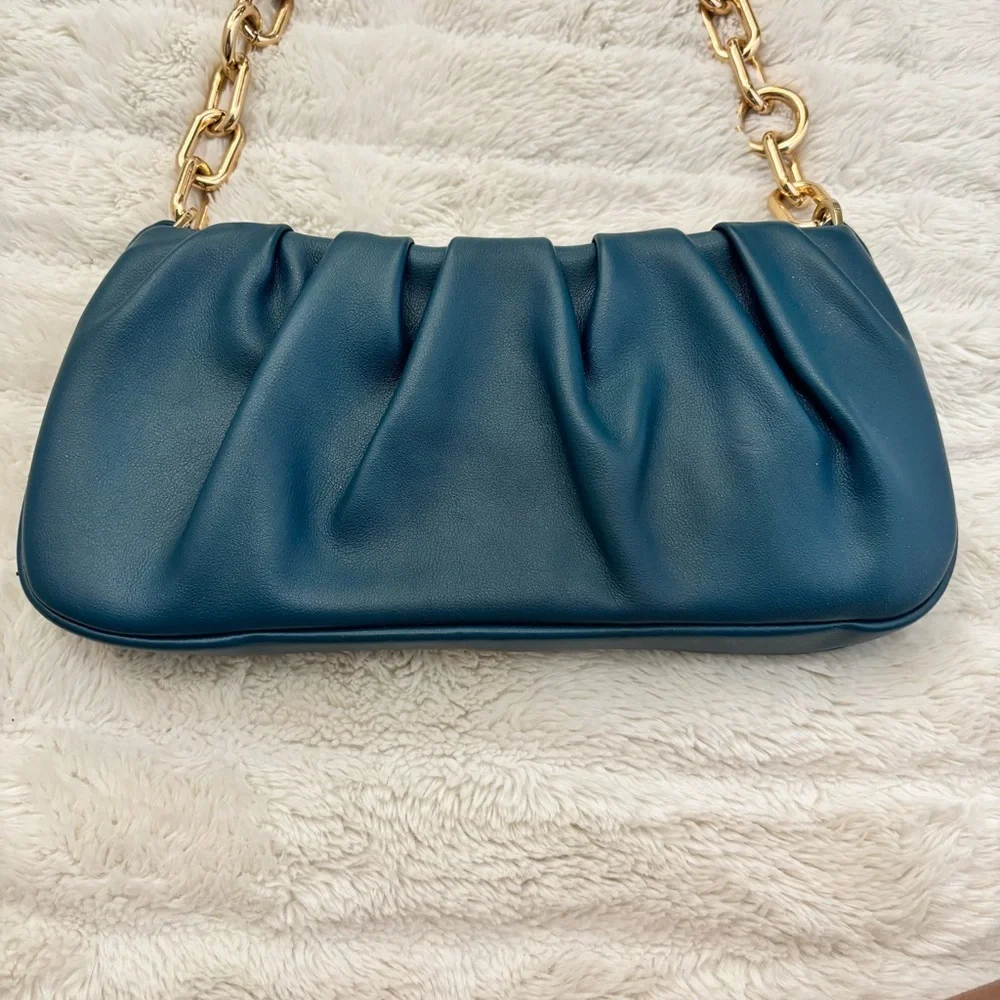 a new day Teal Ruched Small Shoulder Bag Purse with Gold Chain Strap